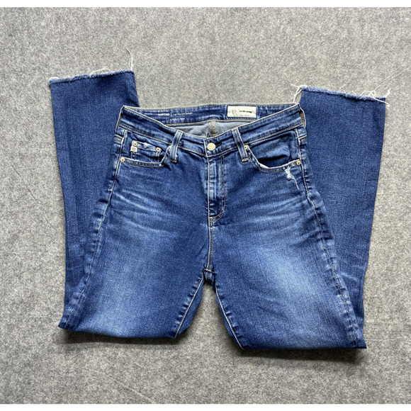 AG Mari Crop Jeans Womens 27 Blue High Rise Slim Straight Raw Hem Stretch Denim - Picture 1 of 16